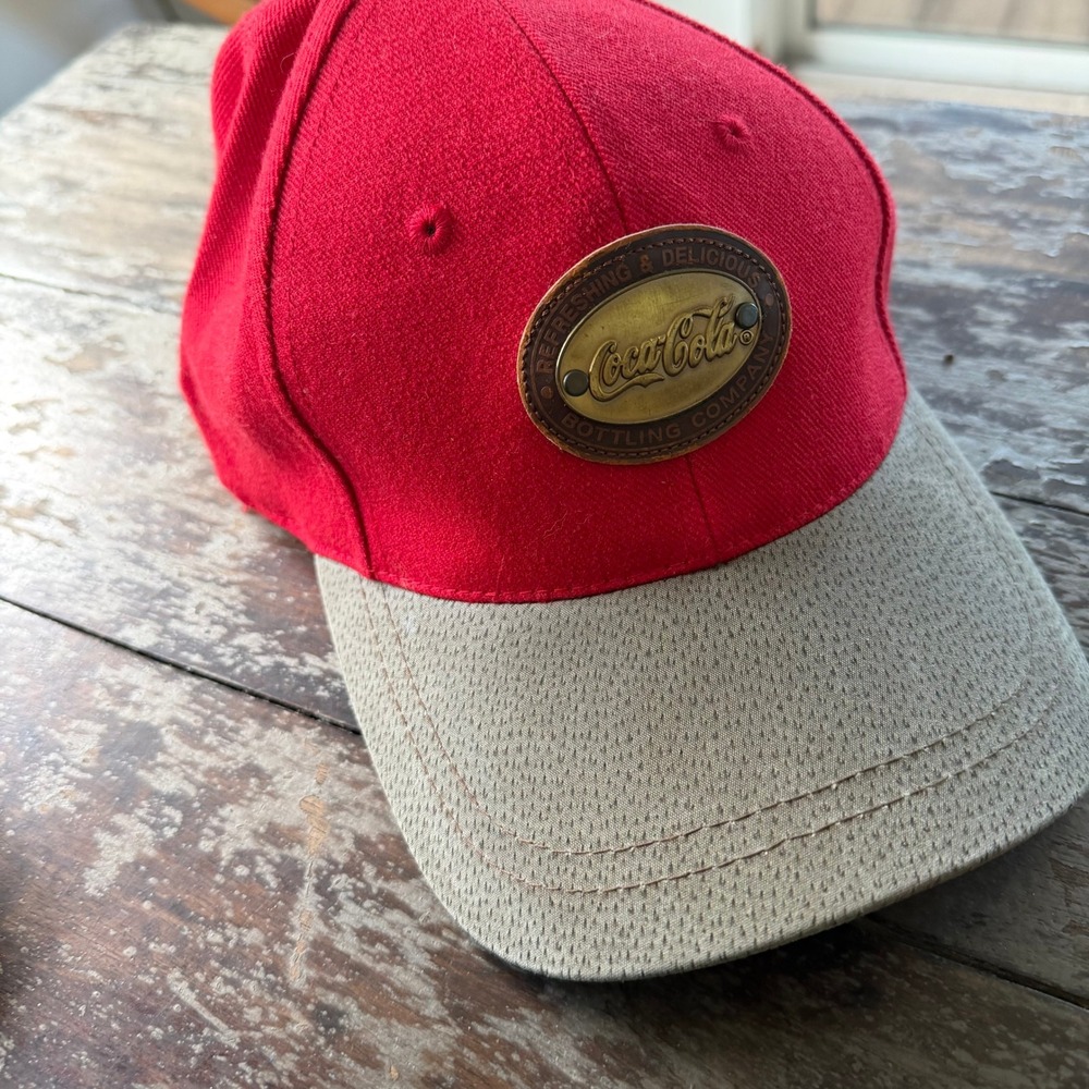 Coca-Cola Red Tan Baseball Cap Leather Strapback Brass Metal Plate Logo Hat